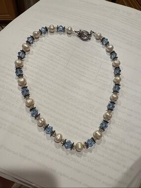 Handcrafted Blue Crystal and Pearl Necklace